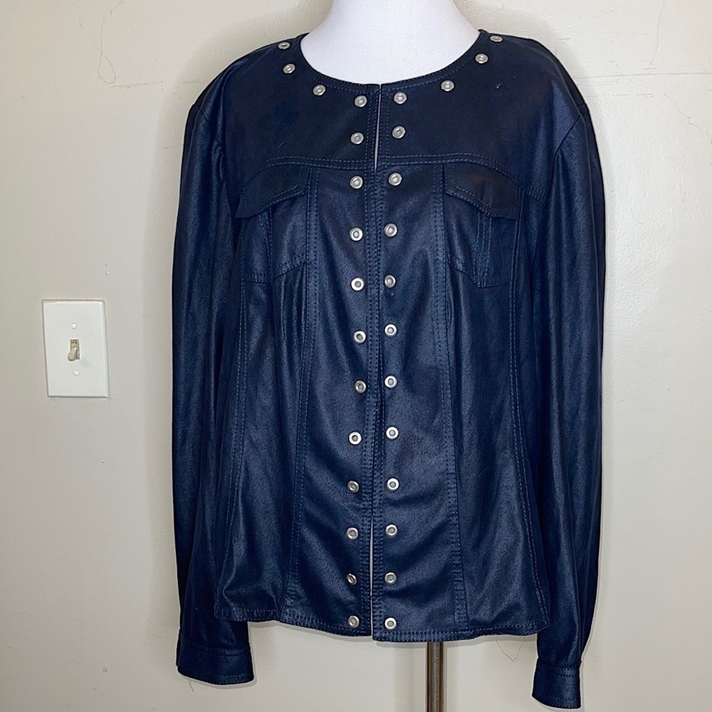 Gerry Weber Navy Blue Faux Leather Eyelet Studded Jacket Size US 18 Euro 48